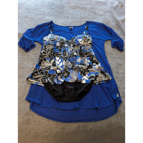 O'Neill Other - ONeill Womens Floral Tankini Swimsuit Set with Blue Mesh Cover Up XL Blue Black